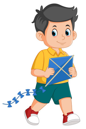 Cartoon happy boy playing kite of illustrationのイラスト素材