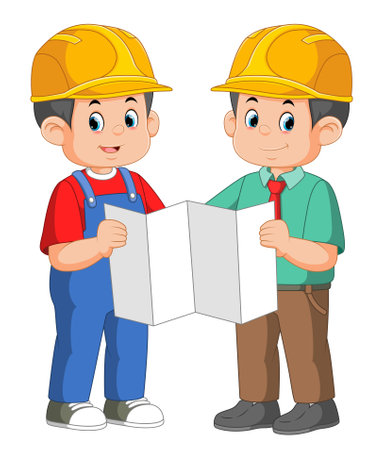 An architect and a worker construction discussing design concepts for a new building of illustrationのイラスト素材