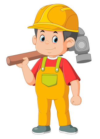 Cartoon construction worker carrying a big hammer of illustrationのイラスト素材