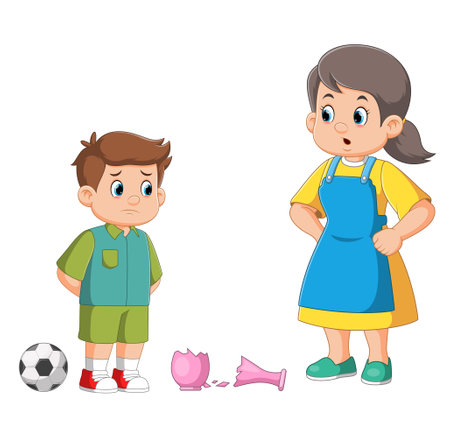 Angry mother scolding sad preschool son kid for breaking vase while playing football of illustrationのイラスト素材