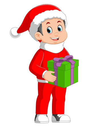 Cartoon little boy in red clothes holding a gift of illustrationのイラスト素材