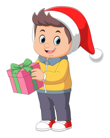 Cute boy Wearing blue Winter Coat and holding gift box of illustrationのイラスト素材