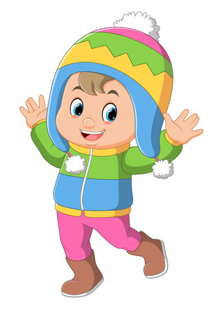 Cartoon illustration of a girl in Winter clothes waving of illustrationのイラスト素材
