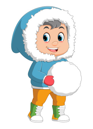 cute boy in winter clothes with big snowball of illustrationのイラスト素材