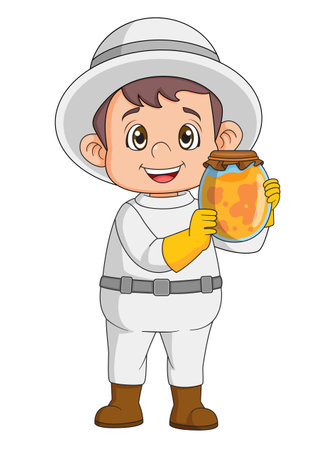 Beekeeper in suit hat at beehive with a big jar of honey of illustrationのイラスト素材