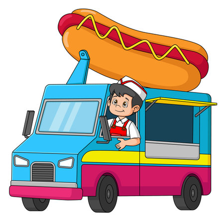 Young man driving Hot Dog Food Truck of illustrationのイラスト素材