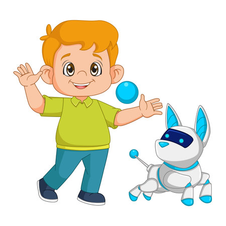 Boy playing ball with cyber dog of illustrationのイラスト素材