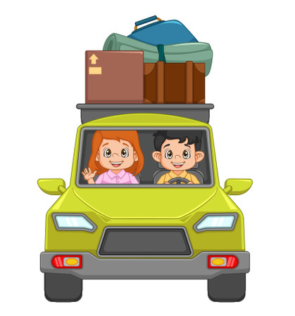 young couple traveling with car of illustrationのイラスト素材