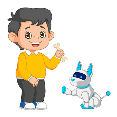 a little boy is giving bone for cyber dog of illustrationのイラスト素材