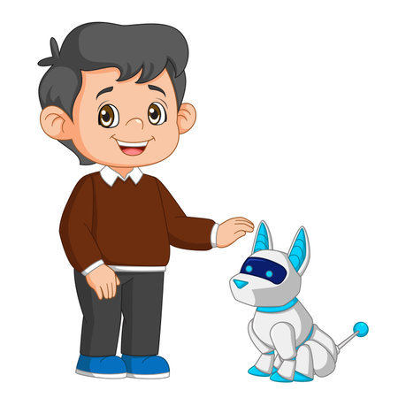 a little boy playing with cyber dog of illustrationのイラスト素材