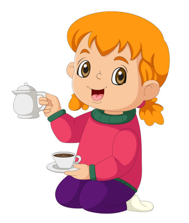 A young girl holds a teapot and a mug with a hot drink in her hands of illustrationのイラスト素材