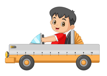 Cartoon boy riding a ruler car of illustrationのイラスト素材