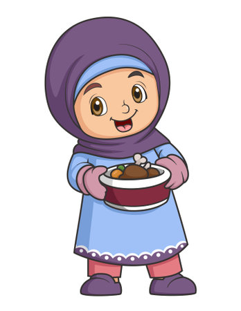 Happy Young Muslim Girl carrying food of illustrationのイラスト素材