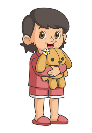 Cartoon little girl hugging little doll of illustrationのイラスト素材