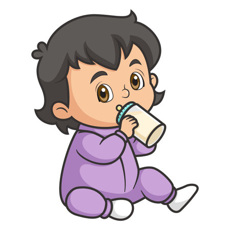Baby Little girl with Cute Face Drink Milk from Bottle of illustrationのイラスト素材