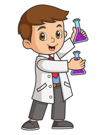 little scientist cartoon using chemistry flask doing science experiments of illustrationのイラスト素材