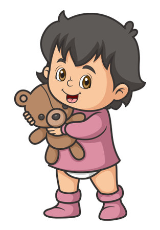 cute little baby girl holding teddy bear of illustrationのイラスト素材