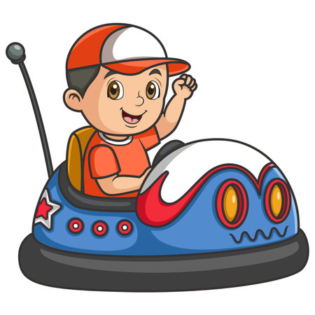 a young boy riding a bumper car of illustrationのイラスト素材