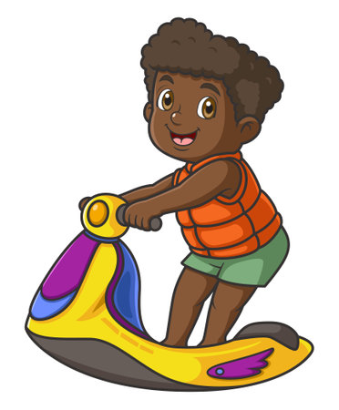 Cartoon little boy rides a jet ski of illustrationのイラスト素材