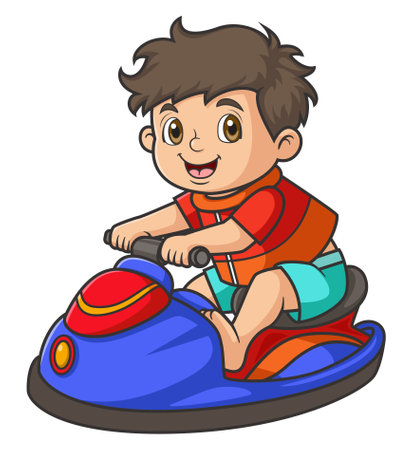 Cartoon little boy rides a jet ski of illustrationのイラスト素材