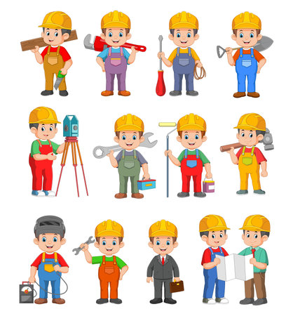 Diverse Team Of Construction Workers Use Various Tools And Equipment. Collaboration And Building Trade Professions of illustrationのイラスト素材