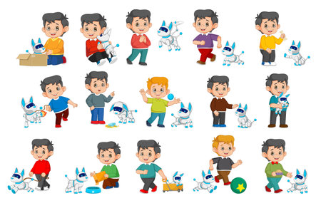 boys playing with mechanical pets. Happy smiling children and spending time with robotic dogs. Modern robot technology concept. of illustrationのイラスト素材