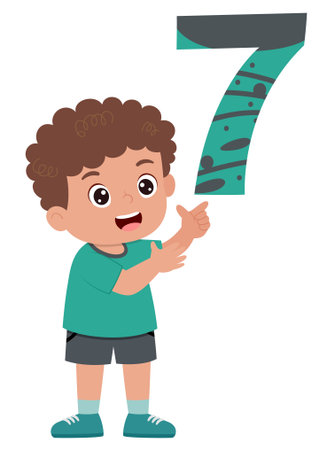 happy cute little kid studies number seven of illustrationのイラスト素材