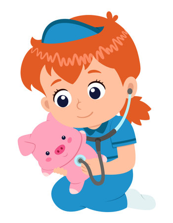 Cartoon toddler girl playing doctor, examining her plush teddy pig toy with stethoscope of illustrationのイラスト素材