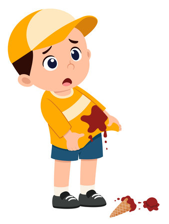 cute little kid stand and the ice cream falling to the ground of illustrationのイラスト素材