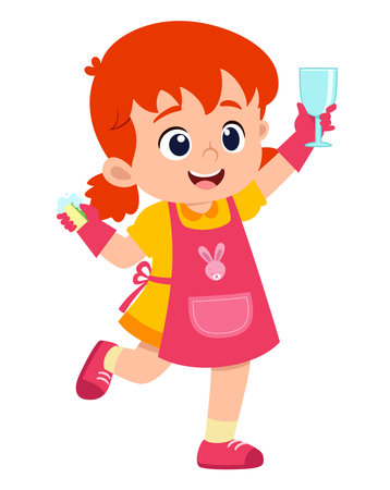 happy cute little girl washing glass of illustrationのイラスト素材