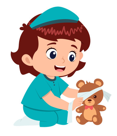 little kid wearing doctor costume and play with doll of illustrationのイラスト素材