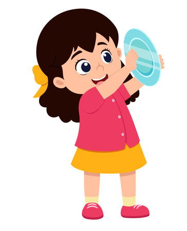 happy cute little girl washing dish of illustrationのイラスト素材