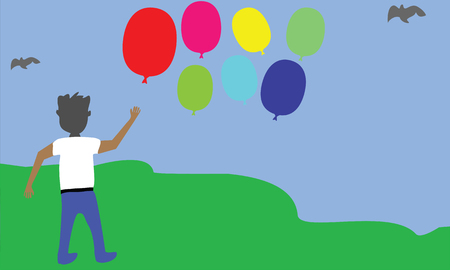 Vector Illustration Boy and Baloon in the outdoorのイラスト素材