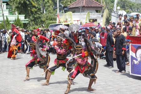 Tenggarong, July 2017 traditional kuda lumping or jaranan from java dancers participed street performance in erau International folk art festival in tenggarong.のeditorial素材
