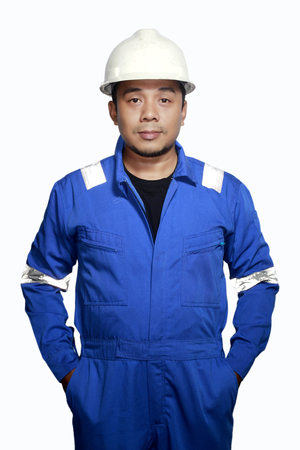 Portrait of an asian man engineer contractor with white backgroundの写真素材
