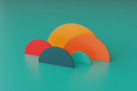 Multicolored 3d hemicpheres vertical standing different size for design and construction on a light turquoise background, copy space. Creative constructor for development and learning. 3d renderの写真素材