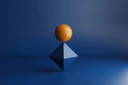 3d render, orange sphere in perfect balance on blue rhomboid, blue backgroundの写真素材