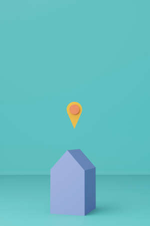Blue Colored 3d render House With Location Sign. Geographic location and work from home concept.の写真素材