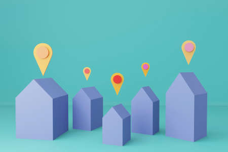 Residental complex 3d render with small different houses on a monotone background, copy space.の写真素材