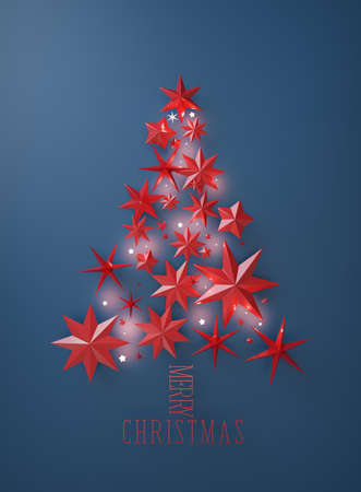 3d render. christmas tree concept, formed by red stars, on blue background, top viewの写真素材