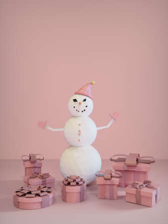 3d render. Festive Christmas Snowman Happy New Year Concept, vertical, pinkの写真素材