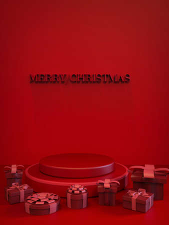 Festive christmas abstract red white red tone round podium empty stand. 3d renderの写真素材