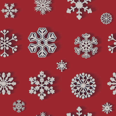 3d render. Christmas snowflake white pattern, red backgroundの写真素材