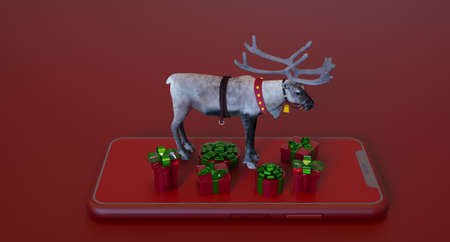 3d render. Smartphone with Christmas decorations. Screen, networkの写真素材
