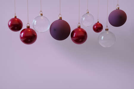 3d render, Realistic red, gold, silver Christmas balls isolated on gray background.の写真素材