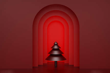 3d render of decorated fir tree inside paper cut layered shapes