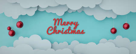 3d render. Merry Christmas holiday design, clouds on blue sky background for banner, paper cut out art styleの写真素材