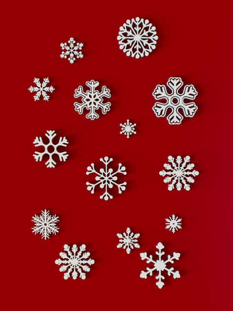 3d render. Christmas snowflake white pattern, red backgroundの写真素材