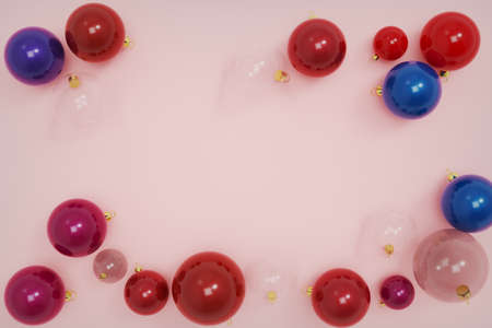 3d Render, festive frame made of christmas balls and sequins on pink table top view. Fashion Party mockup.の写真素材