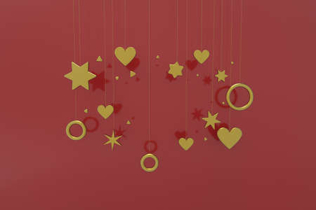 3d render. gold Christmas ornaments hanging in a frame, on a red background, copy spaceの写真素材